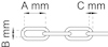 Diagram showing a chain link with dimensions labeled A mm, B mm, and C mm.