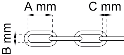 Diagram showing a chain link with dimensions labeled A mm, B mm, and C mm.
