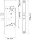 Teknisk ritning av lås med mått: 71 mm bredd, 150 mm höjd, 38 mm detaljerad sektion, 225 mm frontstycke.
