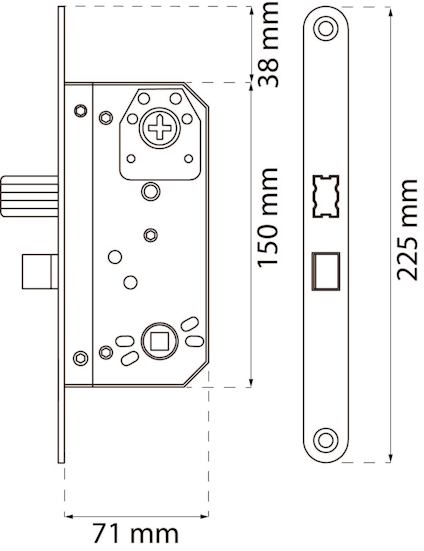 Teknisk ritning av lås med mått: 71 mm bredd, 150 mm höjd, 38 mm detaljerad sektion, 225 mm frontstycke.