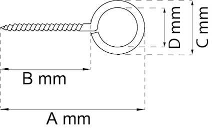 Illustration av en skruvögla med dimensionerna A, B, C, och D markerade i millimeter.