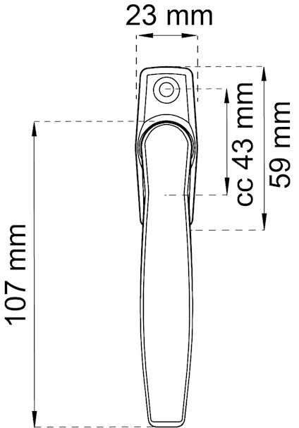 Linjeritning av ett handtag med måtten 107 mm högt, 23 mm brett och centrum till centrum 43 mm på en 59 mm bas.