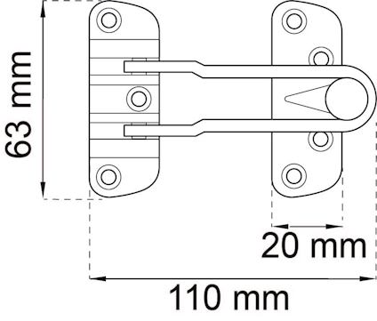 Ritning av dörrkedja med måttangivelser: 63 mm hög, 110 mm bred och 20 mm djup.