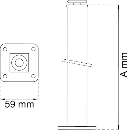 Teknisk ritning av ett stålfäste med måttet 59 mm, visar profil- och toppvy med en okänd höjd A mm.