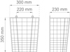 Ritning av en rektangulär korg med mått: 300 mm och 230 mm bred, 350 mm hög, med en ruta på 220 mm.