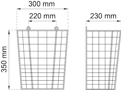 Ritning av en rektangulär korg med mått: 300 mm och 230 mm bred, 350 mm hög, med en ruta på 220 mm.