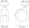 Diagram över hjul med mätningar: Höjd 60 mm, bredd 60 mm, djup 75 mm, montering 56 mm.
