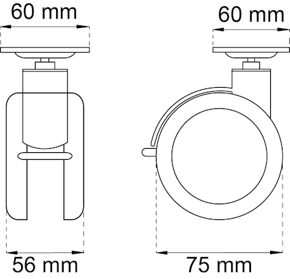 Diagram över hjul med mätningar: Höjd 60 mm, bredd 60 mm, djup 75 mm, montering 56 mm.
