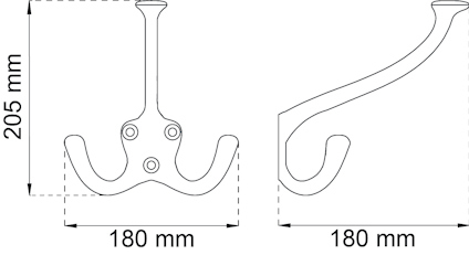 Krok med tre hängare och mått: höjd 205 mm, bredd 180 mm.