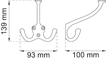 Ritning av en krok med måtten 139 mm höjd, 93 mm bredd och 100 mm djup.