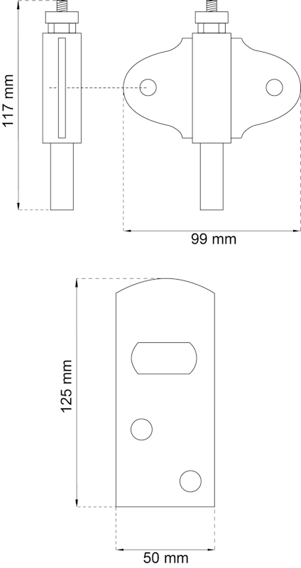 Teknisk ritning av gångjärn med mått: 117 mm, 99 mm, 125 mm, 50 mm.