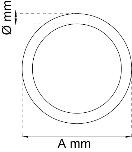 Ritning av två koncentriska cirklar med märkning: A mm (diameter), ø mm (tjocklek).