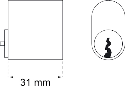 Diagram av ett cylinderlås med en profilvy som visar ett mått på 31 mm.