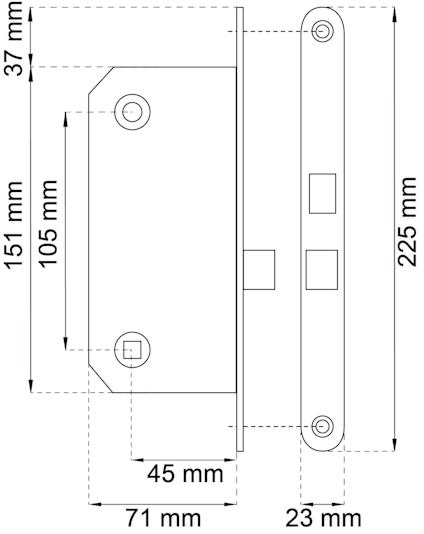 Ritning av lås med mått: 151x105 mm, 37 mm djup, 71 mm mellan skruvar, 225 mm lång frontplatta.