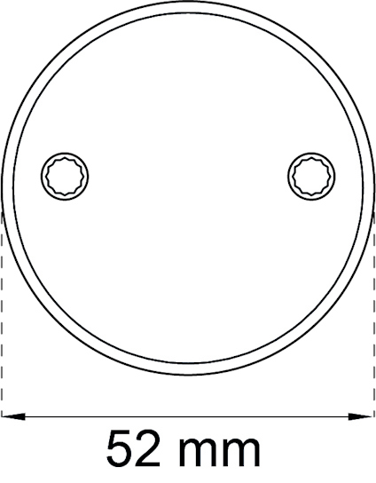 Svartvit ritning av en cirkel med två små cirklar inuti och texten "52 mm" under.