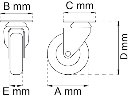 Ritning av en hjuldesign med måttangivelser: A, B, C, D och E i millimeter.