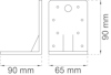 Ritning av en vinkelbeslag med måtten 90 mm x 90 mm och 65 mm, visar hålplacering.