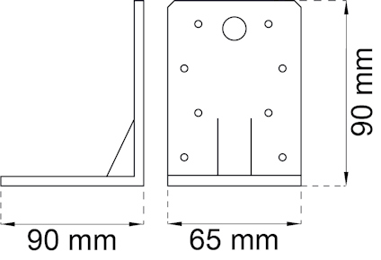 Ritning av en vinkelbeslag med måtten 90 mm x 90 mm och 65 mm, visar hålplacering.