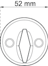 Rund, geometrisk figur med två mindre cirklar och en hexagonal form i mitten. Text: "52 mm" ovanför.