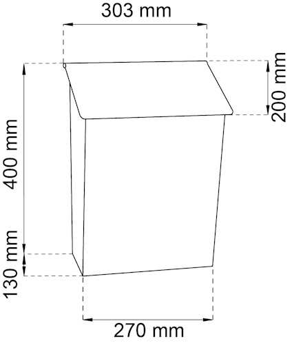 Schematiskt diagram av en låda med dimensionerna: 303 mm bredd, 400 mm höjd, 200 mm djup topp, 270 mm djup botten.