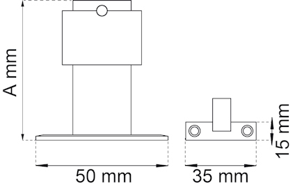 Ritning av delar med mått: botten 50x35 mm, höjd 15 mm; vertikal komponent märkbar.