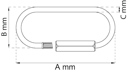 Ritning av metallkarbinhake med mått A mm, B mm och C mm markerade.
