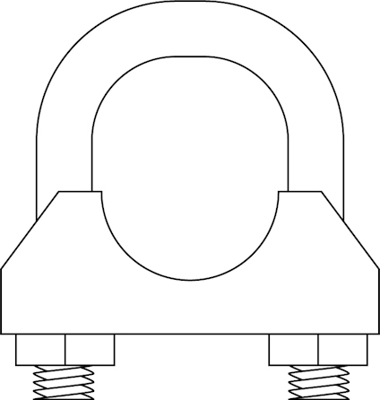 Illustration av en bygelklämma med U-formad stålskruv och två muttrar.