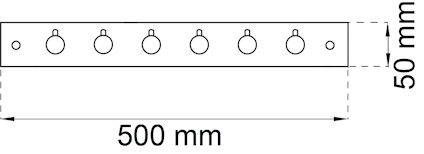 Diagram av en rektangulär platta med sju symmetriskt placerade hål; mått: 500 mm x 50 mm.