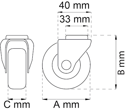 Svartvitt diagram över en hjulmekanism med måtten 40 mm, 33 mm, A mm, B mm och C mm markerade.