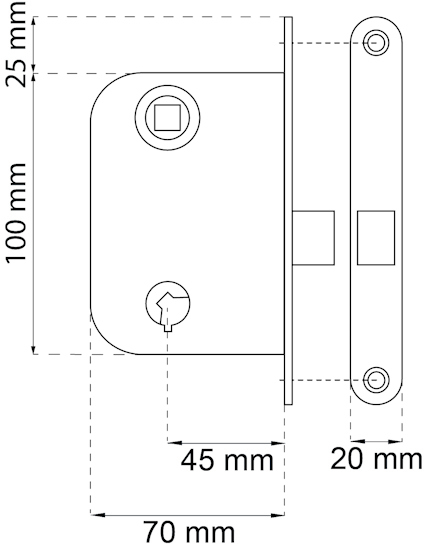 Ritning av låshus med mått: 100x70 mm, 25 mm djup, 45 mm avstånd till nyckelhål, beslag 20 mm.