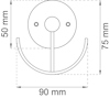 Teknisk ritning av en krok med mått: 50 mm, 75 mm och 90 mm.