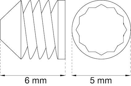 Diagram av en sexkantsskruv med dimensioner: längd 6 mm, bredd 5 mm.
