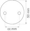 Ritning av cirkel med två hexagoner, 50 mm höjd. Markeringar för cc-avstånd mellan hexagonerna.