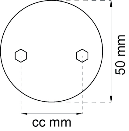 Ritning av cirkel med två hexagoner, 50 mm höjd. Markeringar för cc-avstånd mellan hexagonerna.