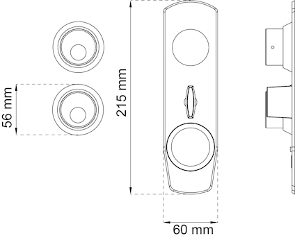 Linjeritning av dörrhandtag med mått: 215 mm höjd, 60 mm bredd. Två runda beslag, 56 mm diameter.