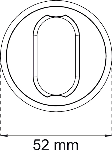 Ritning av en cirkel med ett avlångt hål i mitten. Texten "52 mm" anges nedanför.