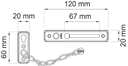 Ritning av dörrkedja med mått: 67x20mm kedja, 120mm dörrplatta, 60x20mm fäste. Visar kedja och skruvhål.