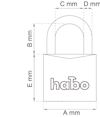 Ritning av ett hänglås med texten "habo", och markeringar för måtten A, B, C, D och E i millimeter.