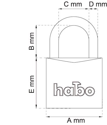 Ritning av ett hänglås med texten "habo", och markeringar för måtten A, B, C, D och E i millimeter.