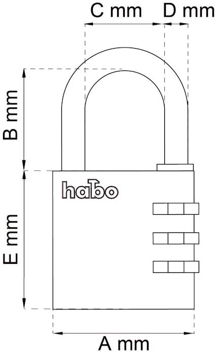 Ritning av ett kombinationslås med måtten A, B, C, D och E samt märket "habo".