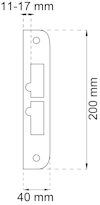Diagram av en rektangulär metallplatta med måtten 40 mm x 200 mm. Hål och urtag visas, mätt 11-17 mm.
