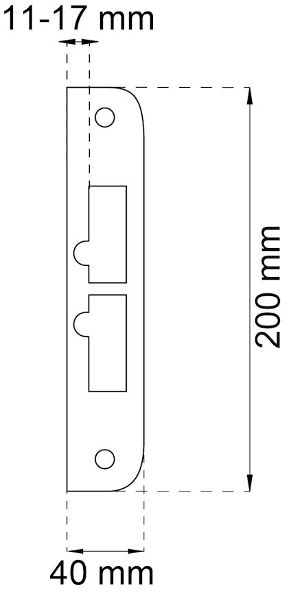 Diagram av en rektangulär metallplatta med måtten 40 mm x 200 mm. Hål och urtag visas, mätt 11-17 mm.