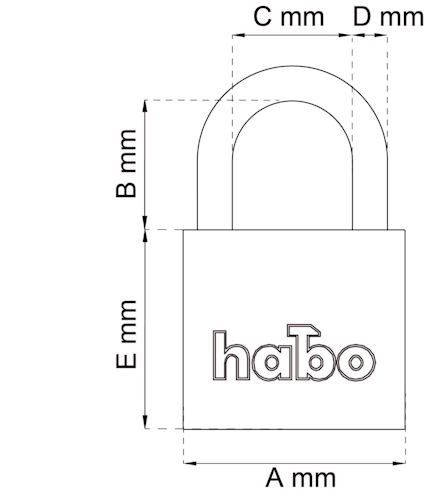 Tecknad bild av hänglås med måttbeteckningar: A mm, B mm, C mm, D mm, E mm, texten "habo".