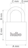 Illustration av hänglås med måtten A, B, C, D och E mm markerade samt texten "habo" på låskroppen.