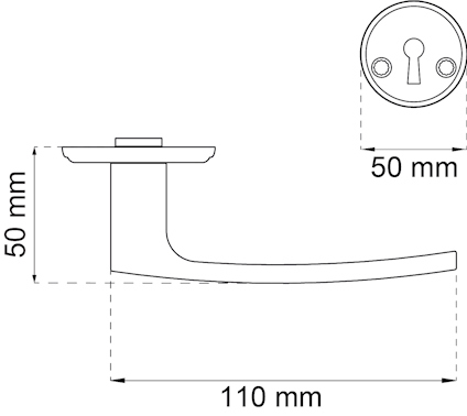 Ritning av dörrhandtag med måtten 50 mm x 110 mm och en låscylinder med diametern 50 mm.