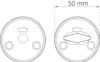 Två cirkulära symboler med teknisk design, en med en pil och skruvhål, mått 50 mm visas.