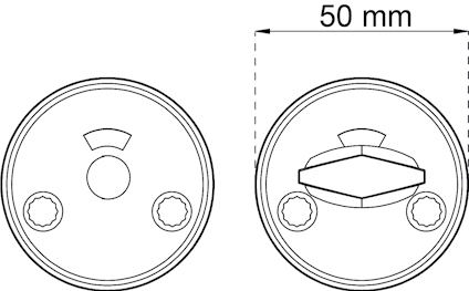 Två cirkulära symboler med teknisk design, en med en pil och skruvhål, mått 50 mm visas.