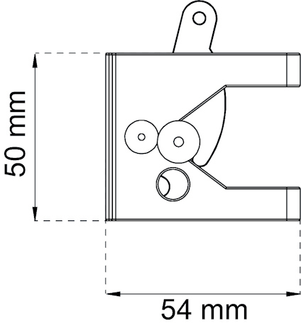 Teknisk ritning av en komponent med mått 50 mm x 54 mm, inklusive cirkulära och rektangulära detaljer.