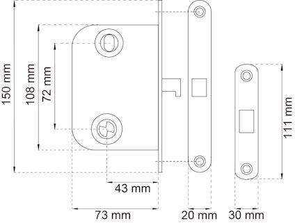 Ritning av dörrlås med mått: 150x111mm, låsdel 72x43mm, skruvhål 20mm och 30mm, cylinder 73mm.