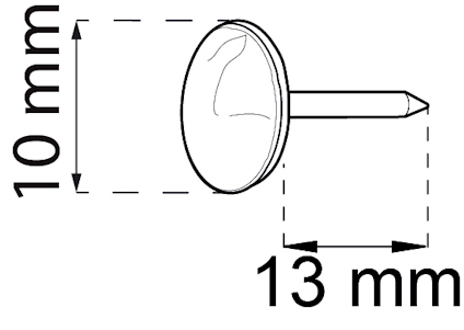 Ritning av en spik med runda huvudet. Mått: huvudets diameter 13 mm, spikens längd 10 mm.